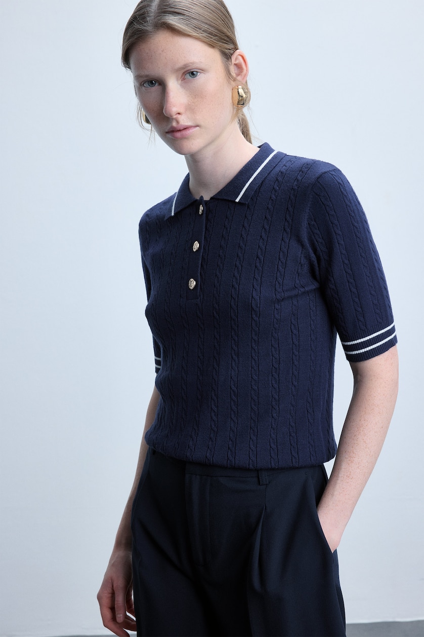 Women NAVY Short Sleeve Ribbed Polo Collar Basic Pullover