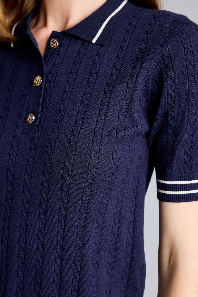 Kadın Lacivert Fitilli Polo Yaka Basic Kazak