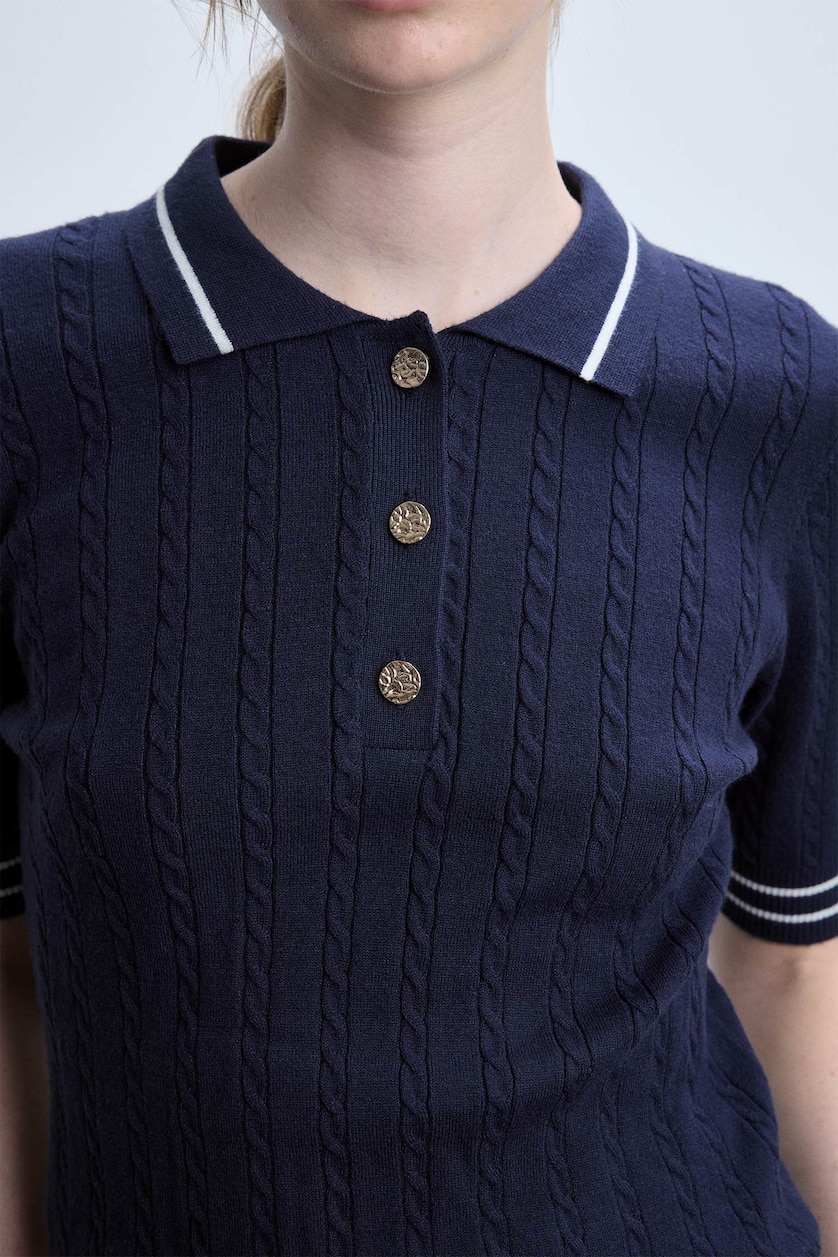 Women NAVY Short Sleeve Ribbed Polo Collar Basic Pullover
