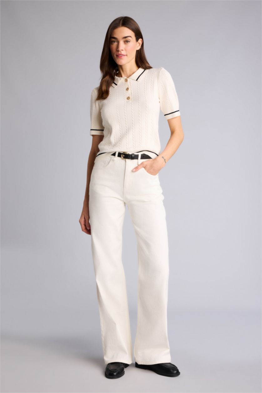 Kadın Ekru Regular Fıt Polo Yaka Kazak