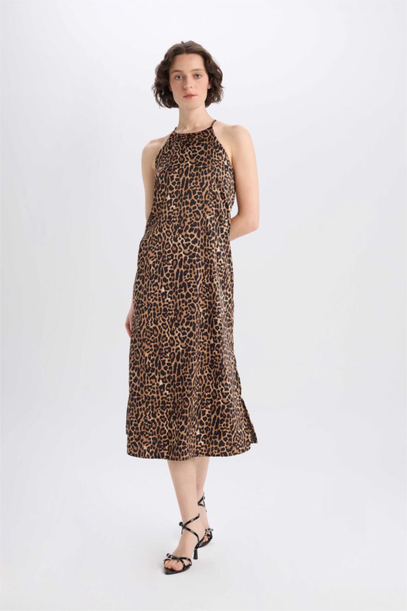 Woman Black Animal Satin Sleeveless Midi Dress