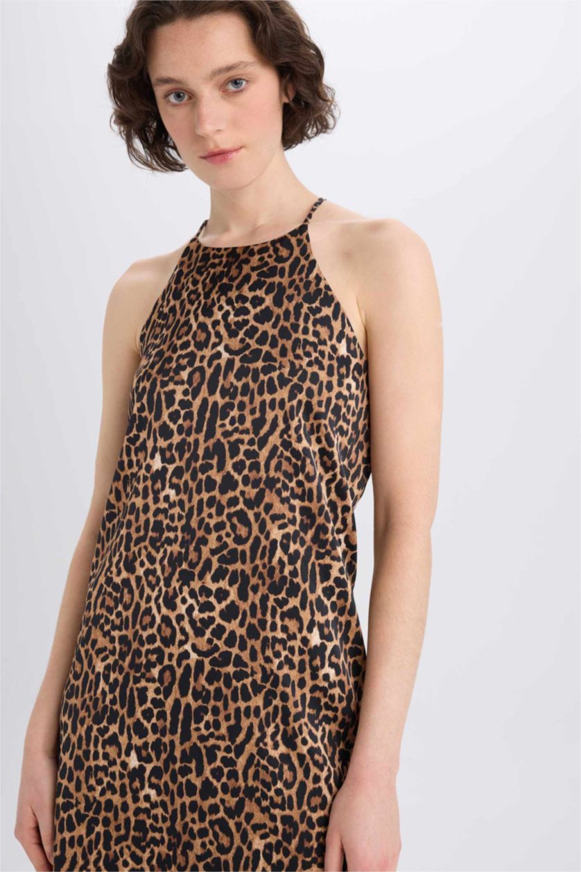 Woman Black Animal Satin Sleeveless Midi Dress