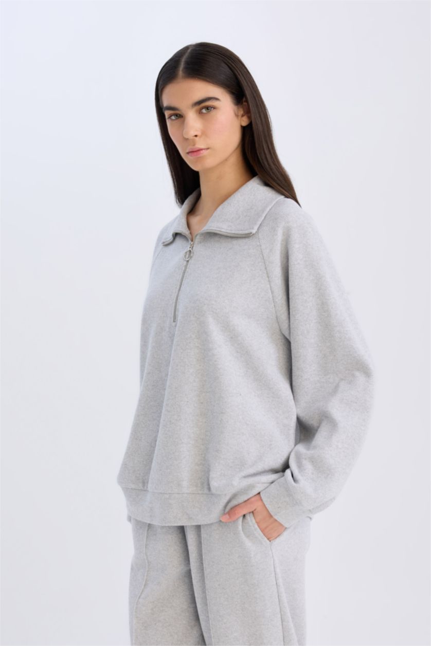 Kadın Gri Melanj Regular Fit Yarım Fermuarlı Dik Yaka Basic Düz Sweatshirt