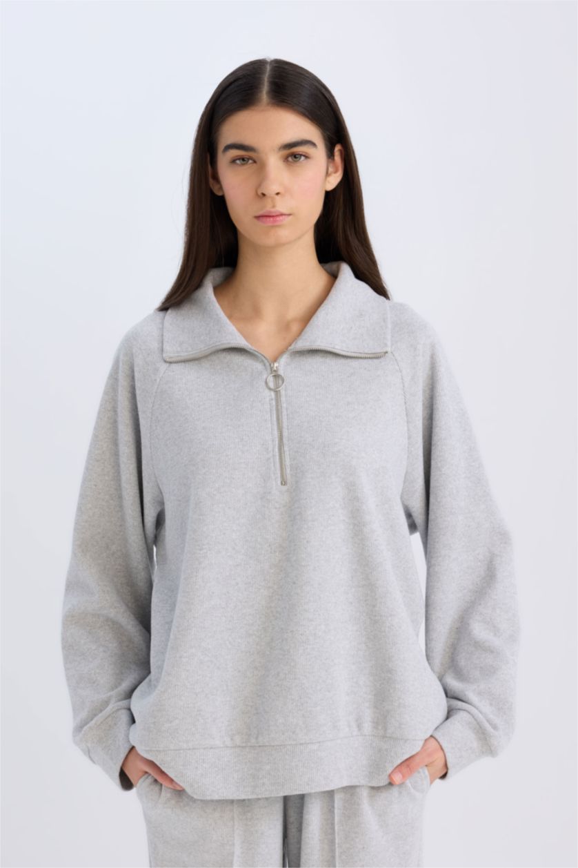 Kadın Gri Melanj Regular Fit Yarım Fermuarlı Dik Yaka Basic Düz Sweatshirt