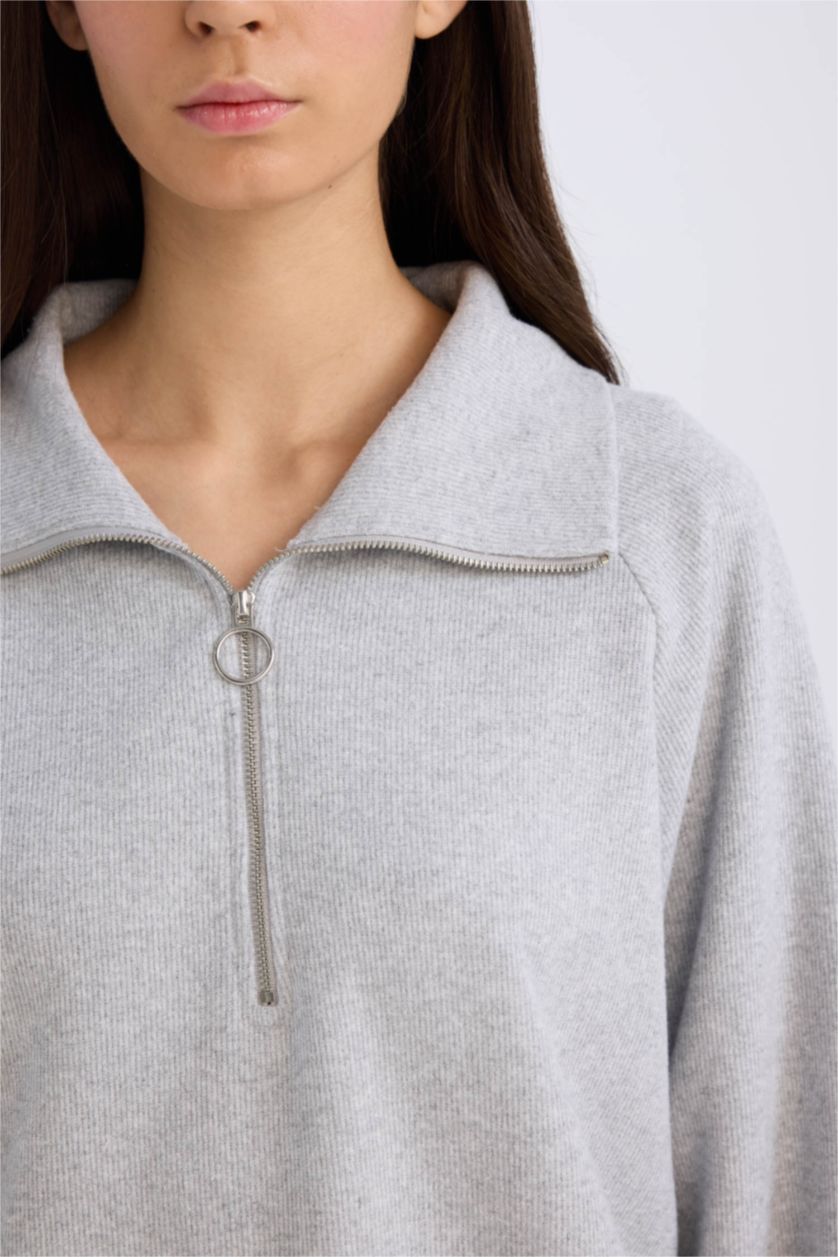 Kadın Gri Melanj Regular Fit Yarım Fermuarlı Dik Yaka Basic Düz Sweatshirt