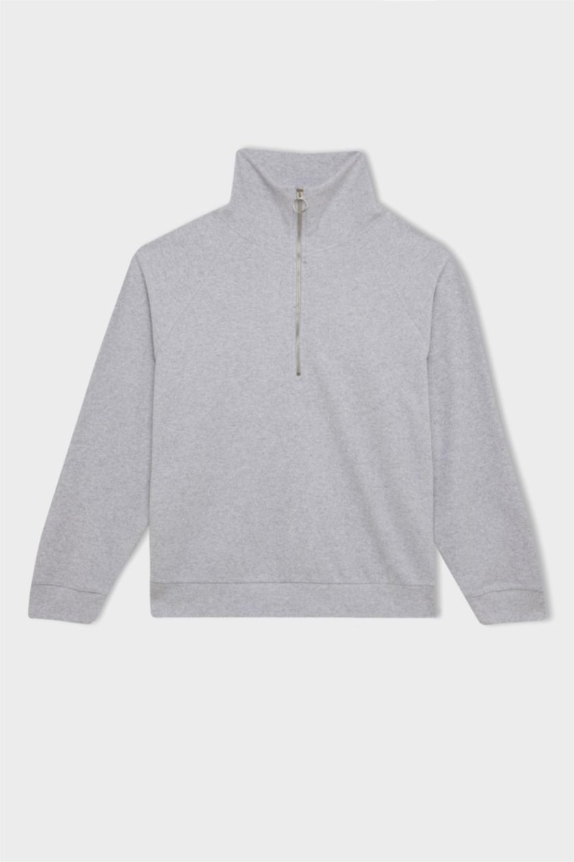 Kadın Gri Melanj Regular Fit Yarım Fermuarlı Dik Yaka Basic Düz Sweatshirt