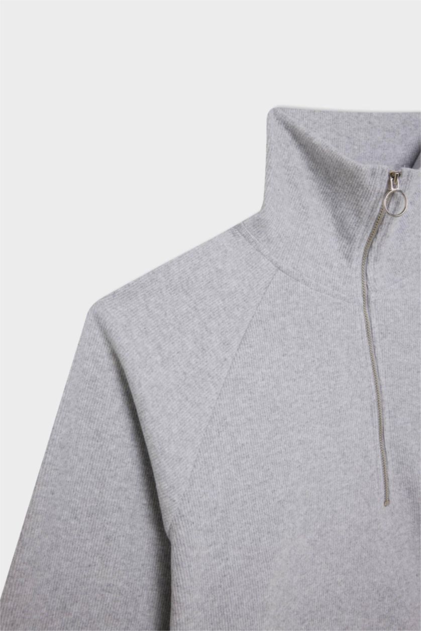 Kadın Gri Melanj Regular Fit Yarım Fermuarlı Dik Yaka Basic Düz Sweatshirt