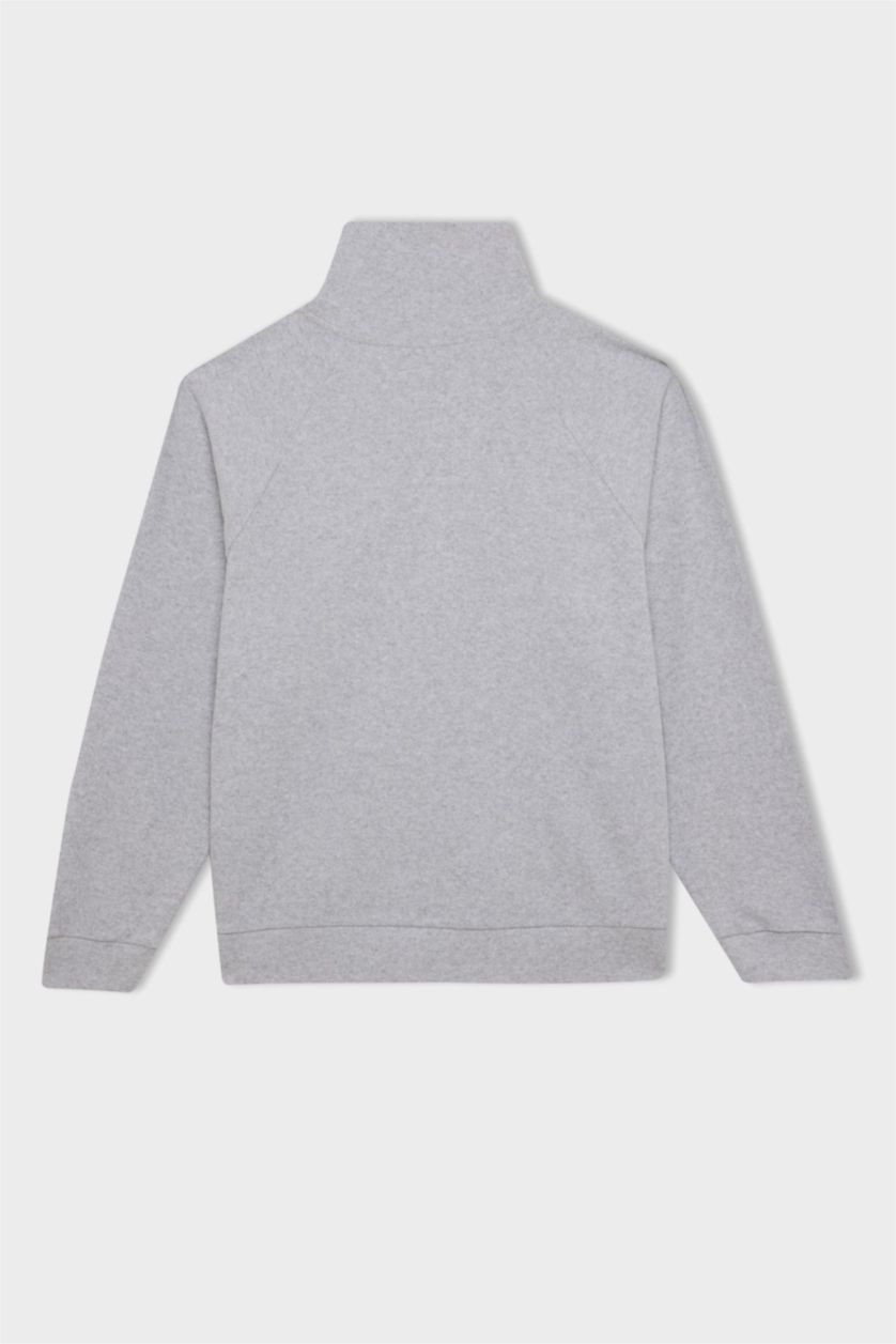 Kadın Gri Melanj Regular Fit Yarım Fermuarlı Dik Yaka Basic Düz Sweatshirt