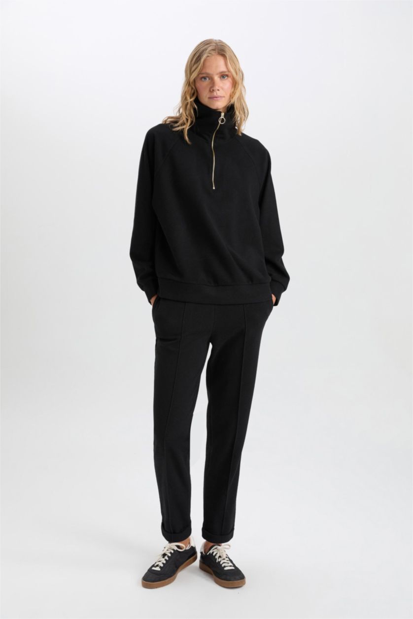 Kadın Siyah Pantolon Beli Lastikli Basıc Bağcıklı Cepli Paça Katlamalı Uzun Boy Siyah