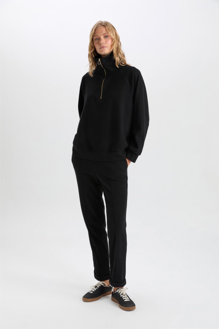 Kadın Siyah Pantolon Beli Lastikli Basıc Bağcıklı Cepli Paça Katlamalı Uzun Boy Siyah