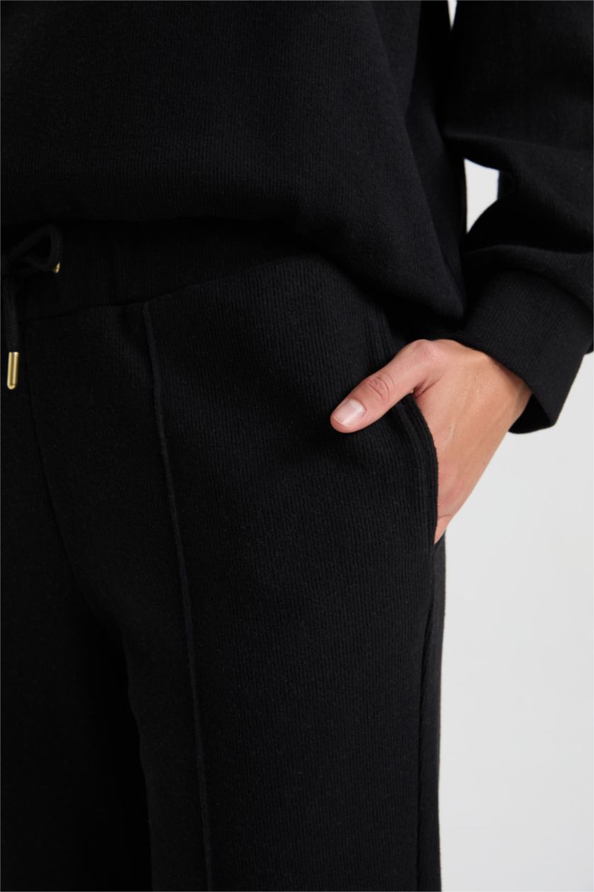 Kadın Siyah Pantolon Beli Lastikli Basıc Bağcıklı Cepli Paça Katlamalı Uzun Boy Siyah