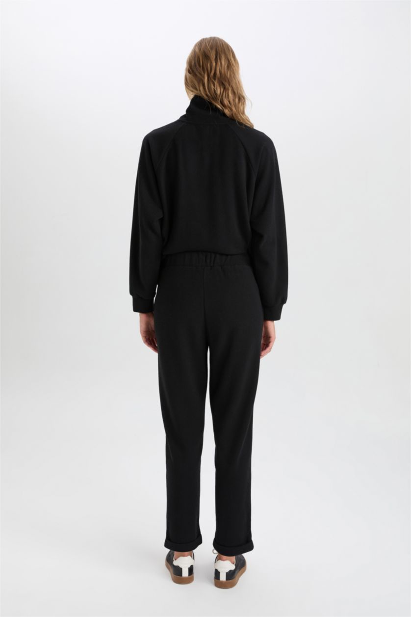 Kadın Siyah Pantolon Beli Lastikli Basıc Bağcıklı Cepli Paça Katlamalı Uzun Boy Siyah