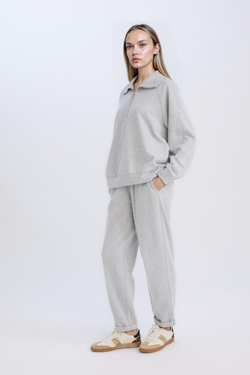 WOMAN Grey Melange Regular Fit Elastic Waist Basic Folded Trousers