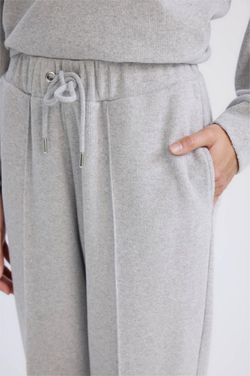 WOMAN Grey Melange Regular Fit Elastic Waist Basic Folded Trousers