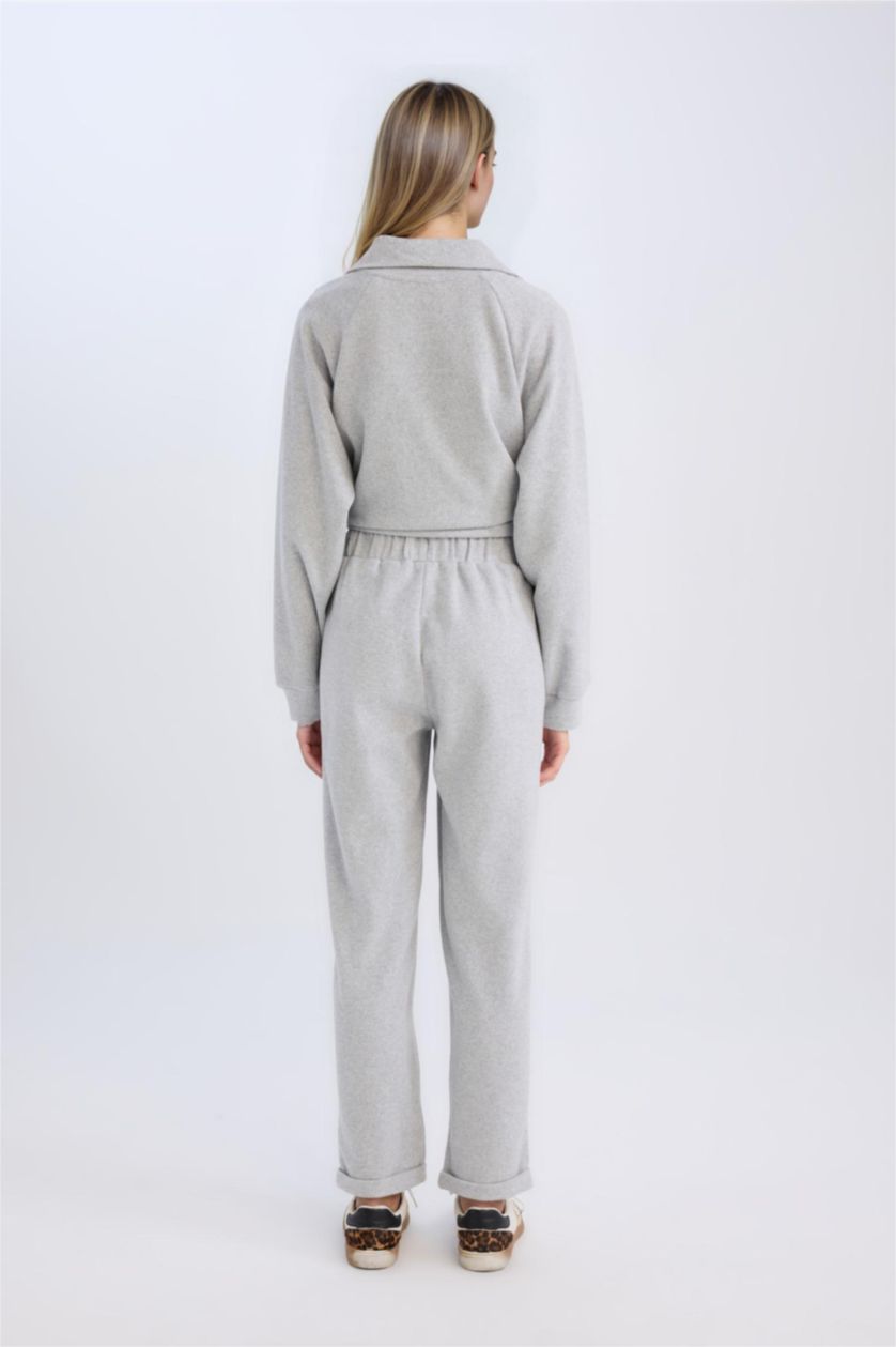 WOMAN Grey Melange Regular Fit Elastic Waist Basic Folded Trousers