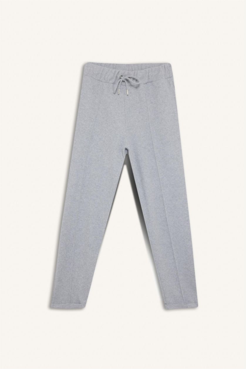 WOMAN Grey Melange Regular Fit Elastic Waist Basic Folded Trousers