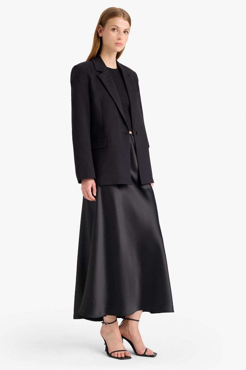 Woman Black A Cut Satin High Waist Midi Skirt