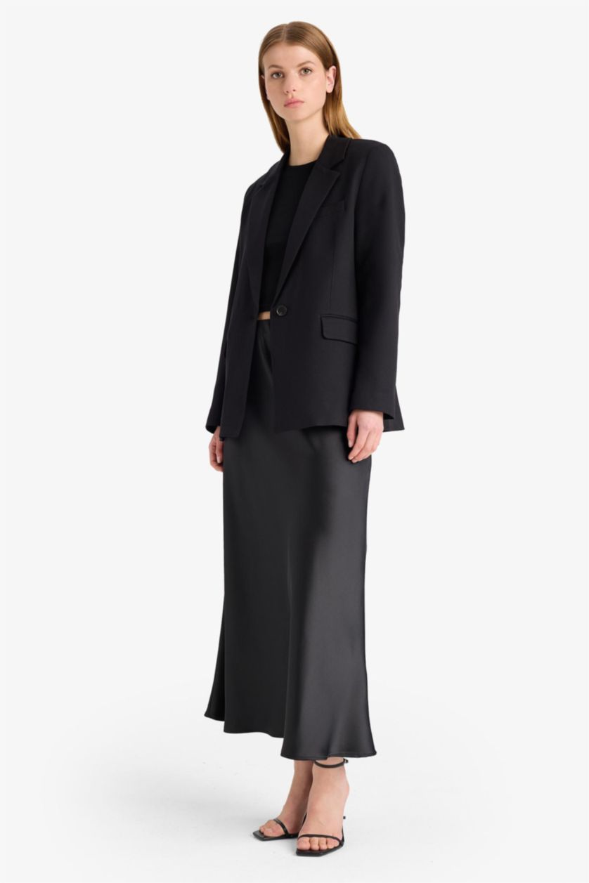 Woman Black A Cut Satin High Waist Midi Skirt