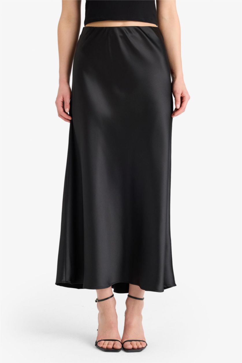 Woman Black A Cut Satin High Waist Midi Skirt