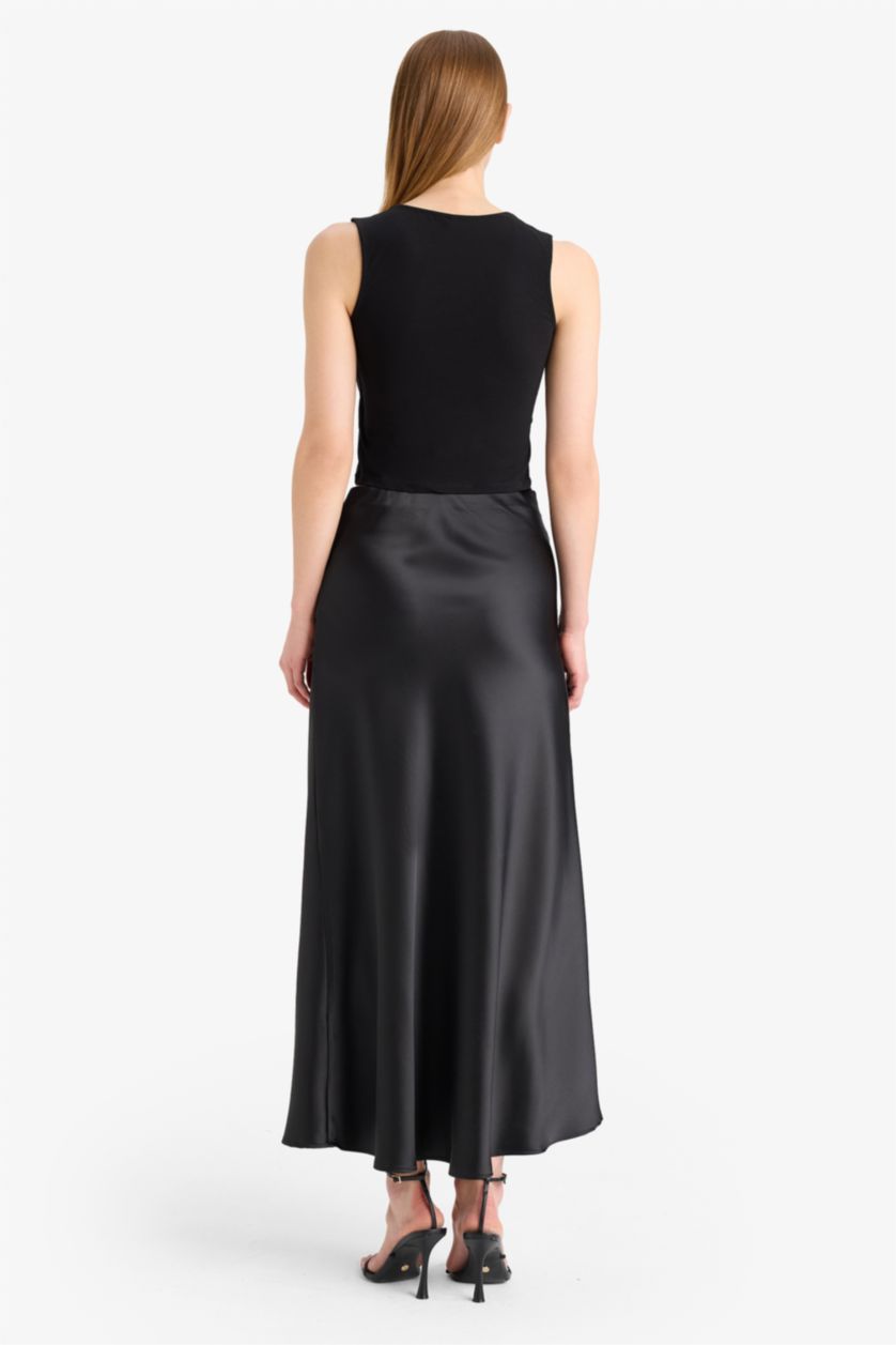 Woman Black A Cut Satin High Waist Midi Skirt