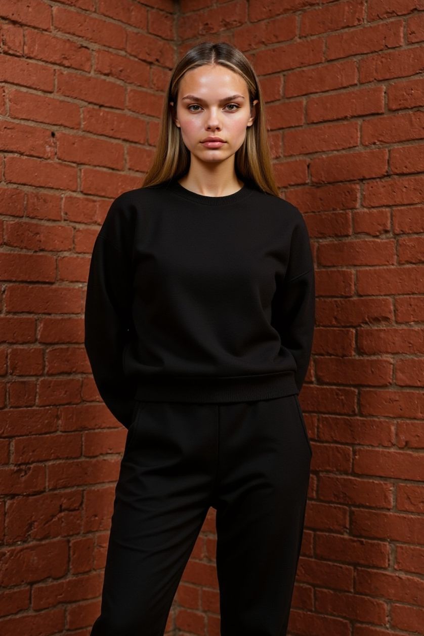 Kadın Siyah Oversize Geniş Kalıp Bisiklet Yaka Basic Düz Kalın Siyah Sweatshirt