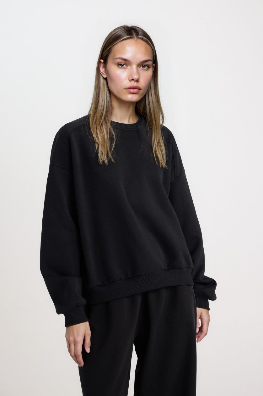 Kadın Siyah Oversize Geniş Kalıp Bisiklet Yaka Basic Düz Kalın Siyah Sweatshirt