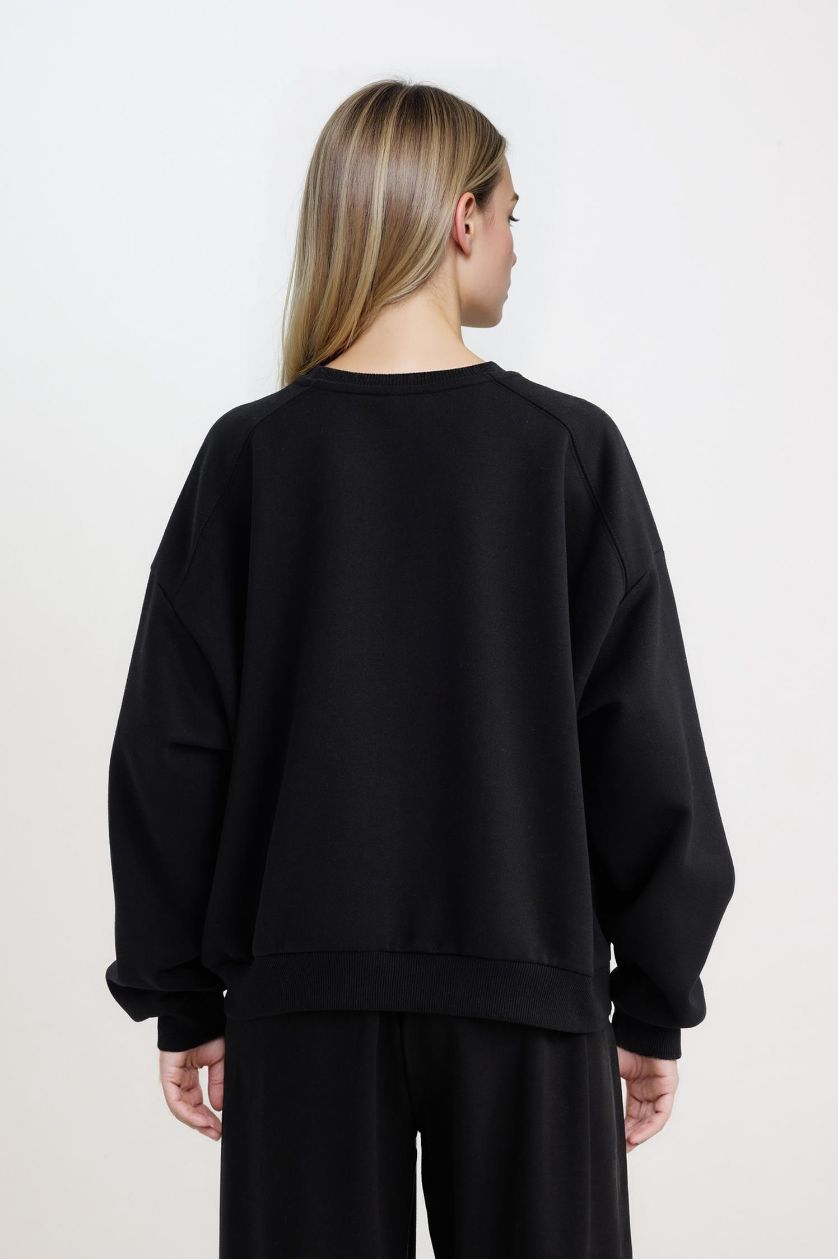 Kadın Siyah Oversize Geniş Kalıp Bisiklet Yaka Basic Düz Kalın Siyah Sweatshirt