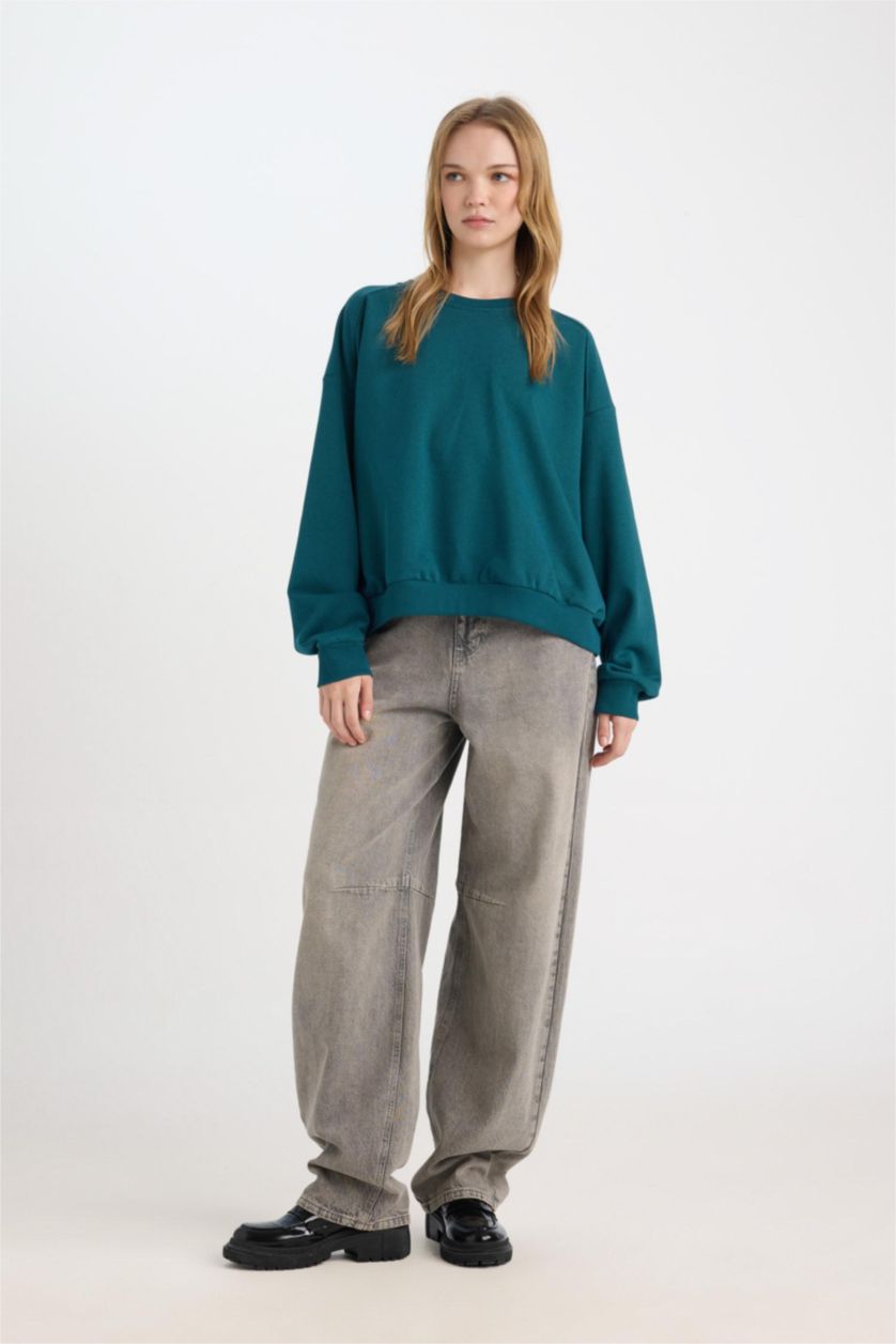 Kadın Koyu Yeşil Oversıze Kalın Kumaş Sweatshirt