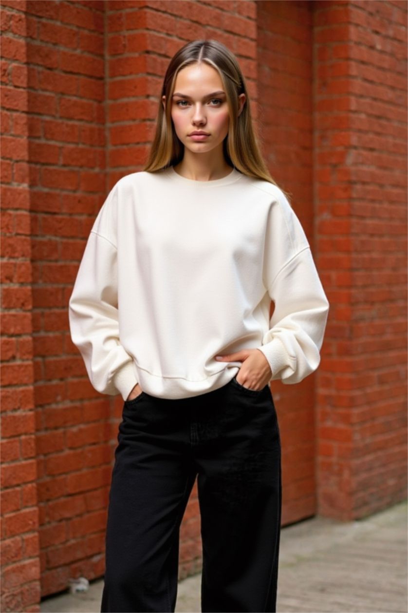 Women White Oversize Fit Thick Sweatshirt Fabric Sweatshirt