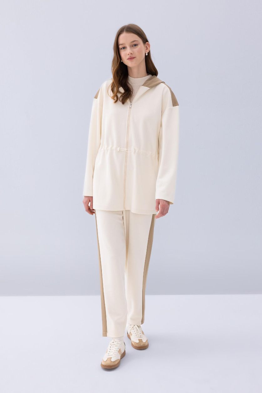 Kadın Ekru Beli Lastikli Yan Şeritli Harem Pantolon