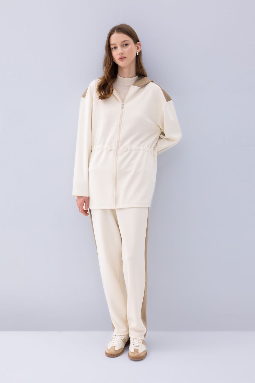 Kadın Ekru Beli Lastikli Yan Şeritli Harem Pantolon