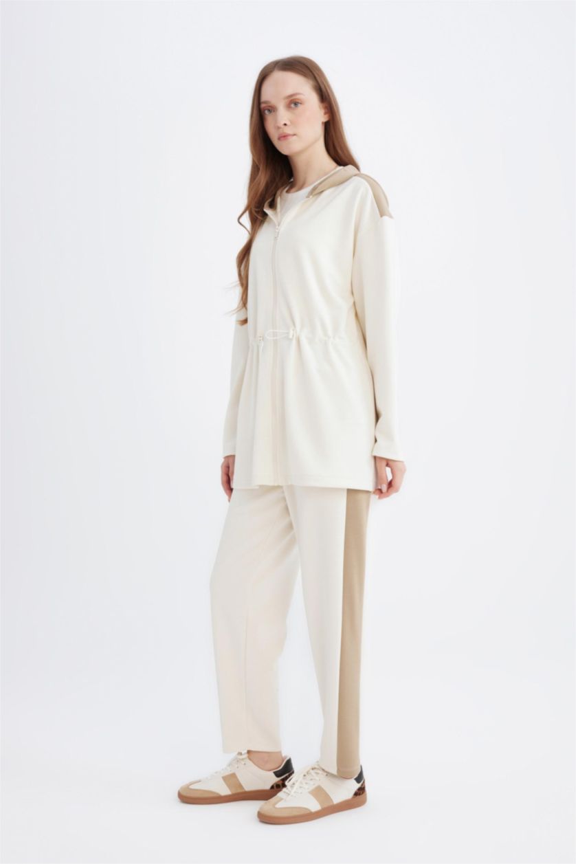 Kadın Ekru Beli Lastikli Yan Şeritli Harem Pantolon