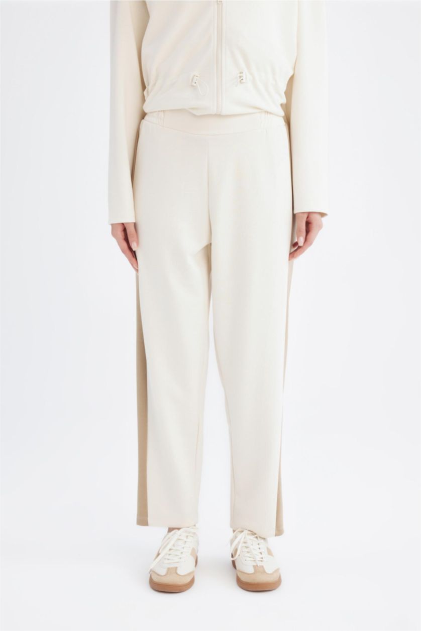 Kadın Ekru Beli Lastikli Yan Şeritli Harem Pantolon