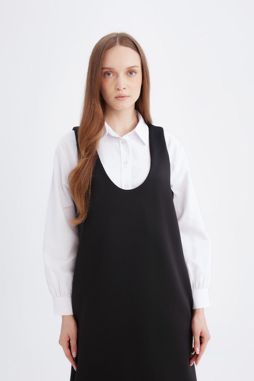 Kadın Siyah Relax Fit Yuvarlak Yaka Skuba Dalgıç Kumaş Kolsuz Siyah Midi Elbise