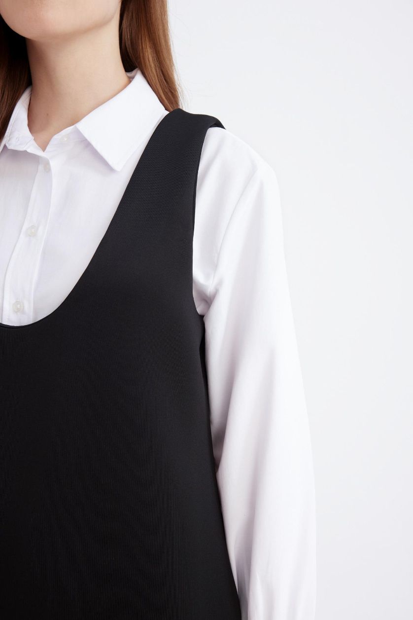 Kadın Siyah Relax Fit Yuvarlak Yaka Skuba Dalgıç Kumaş Kolsuz Siyah Midi Elbise