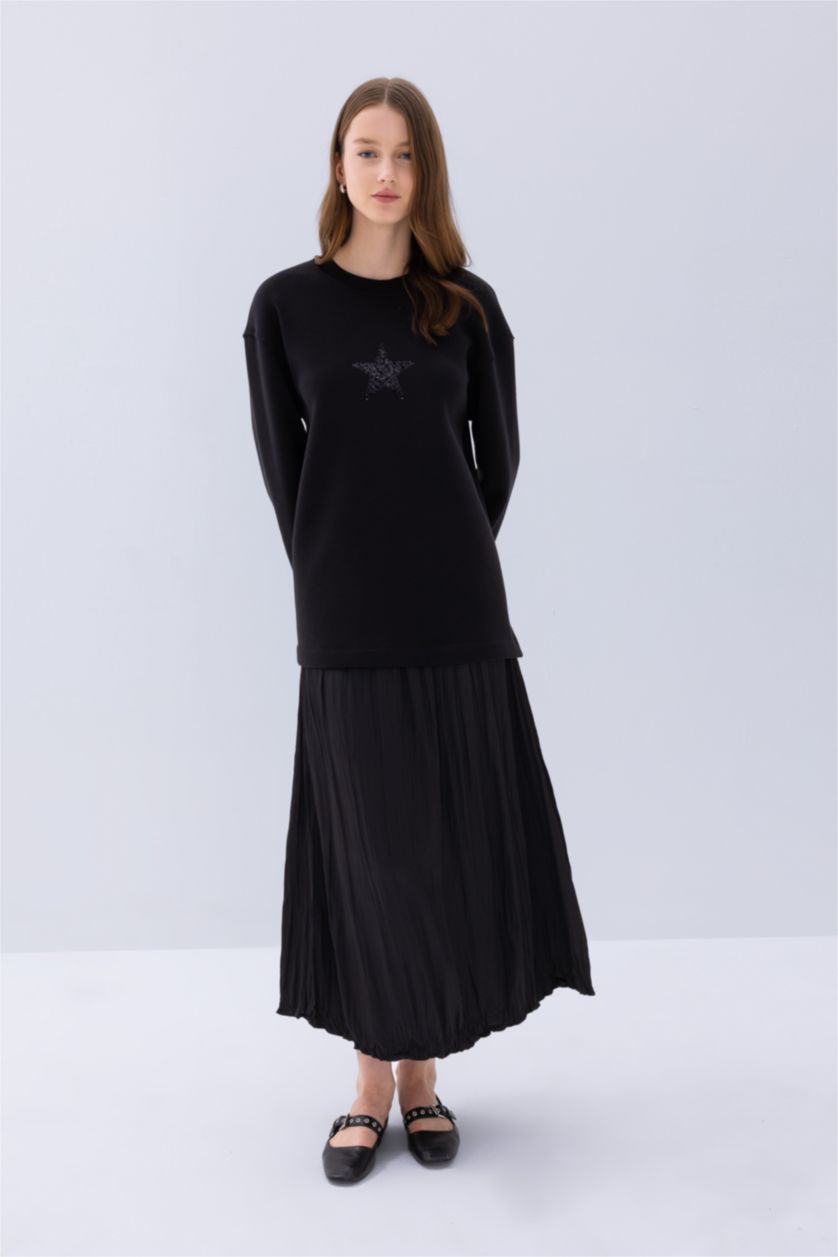 WOMAN Black Relax Fit Printed Soft Furry Inside Sweatshirt Tunic