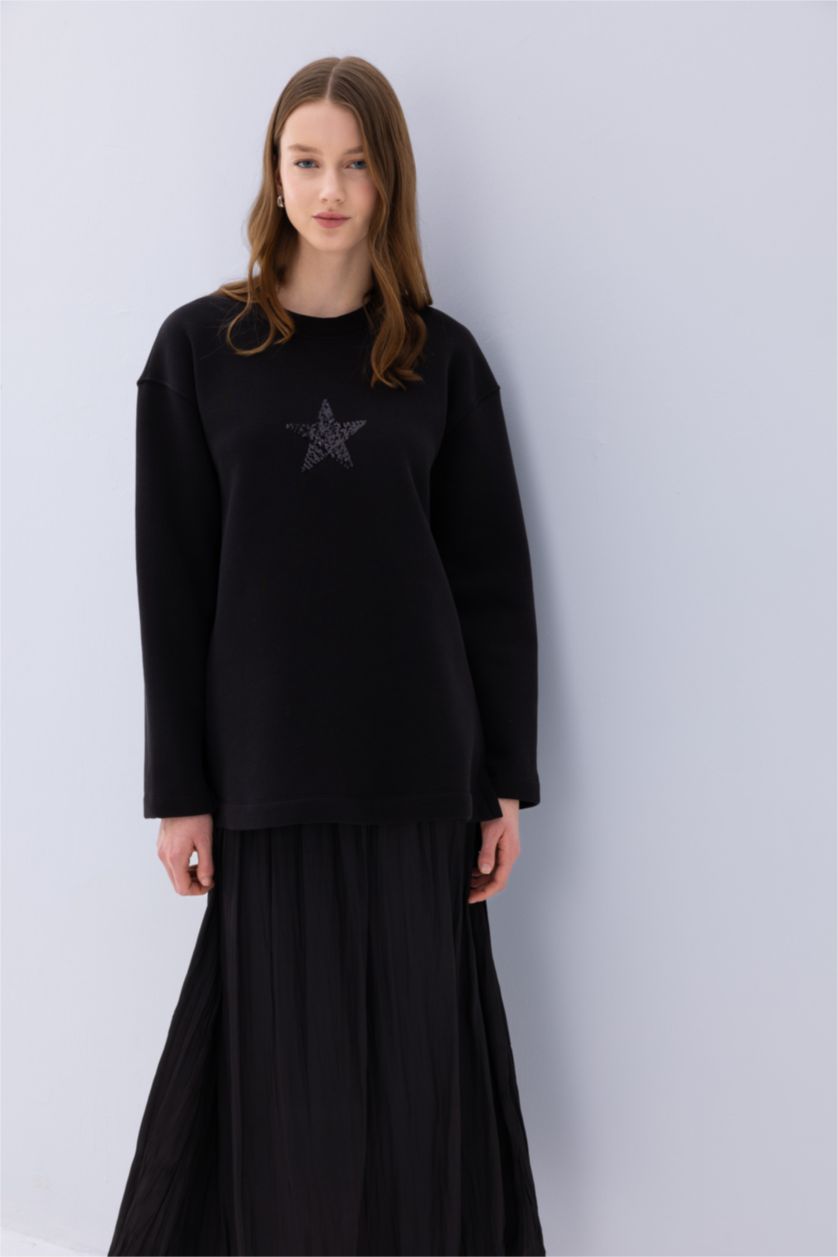 WOMAN Black Relax Fit Printed Soft Furry Inside Sweatshirt Tunic