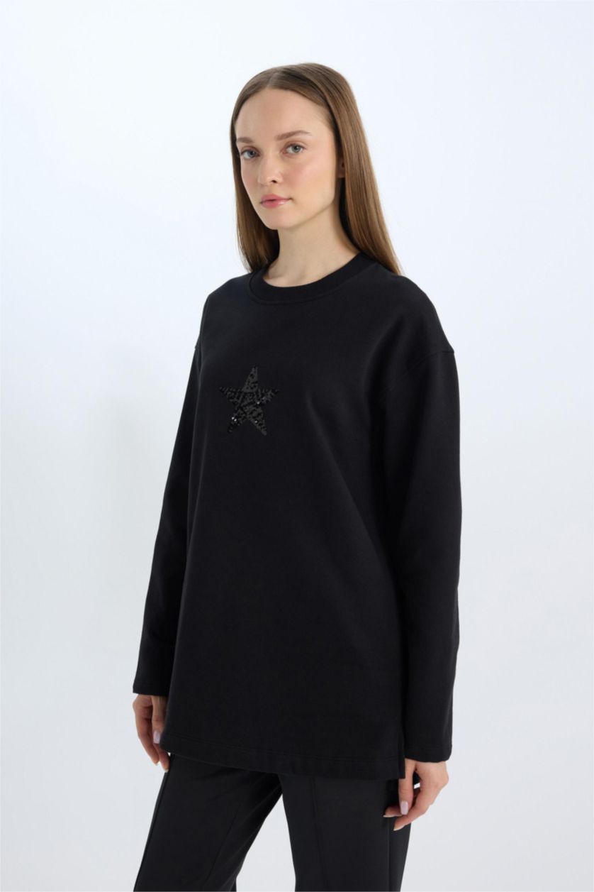 WOMAN Black Relax Fit Printed Soft Furry Inside Sweatshirt Tunic