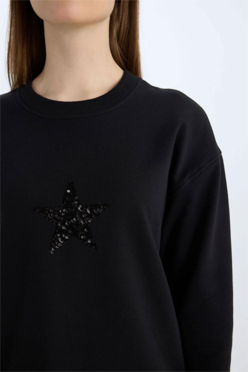 WOMAN Black Relax Fit Printed Soft Furry Inside Sweatshirt Tunic