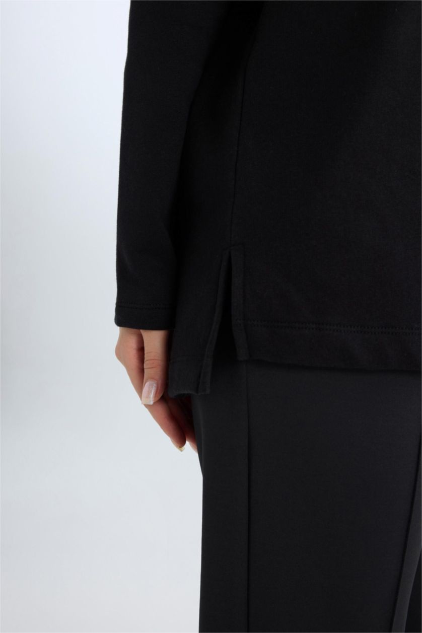 WOMAN Black Relax Fit Printed Soft Furry Inside Sweatshirt Tunic