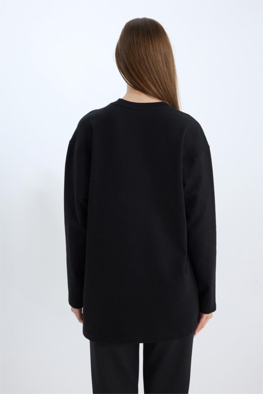 WOMAN Black Relax Fit Printed Soft Furry Inside Sweatshirt Tunic