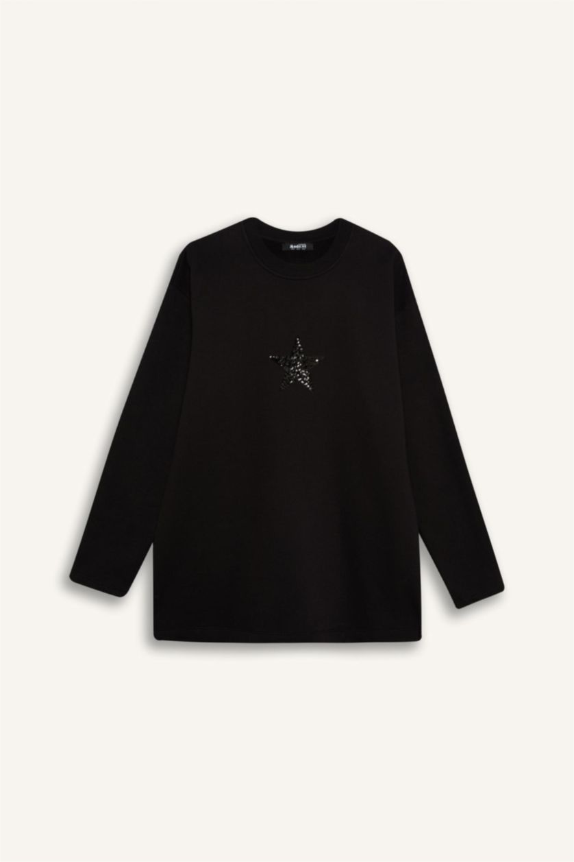 WOMAN Black Relax Fit Printed Soft Furry Inside Sweatshirt Tunic