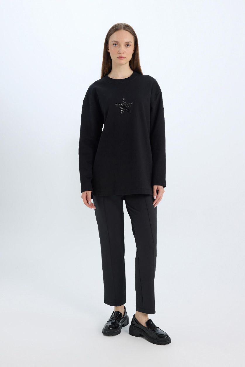 Kadın Siyah Regular Fit Cepli Pensli Skuba Dalgıç Kumaş Beli Lastikli Pantolon