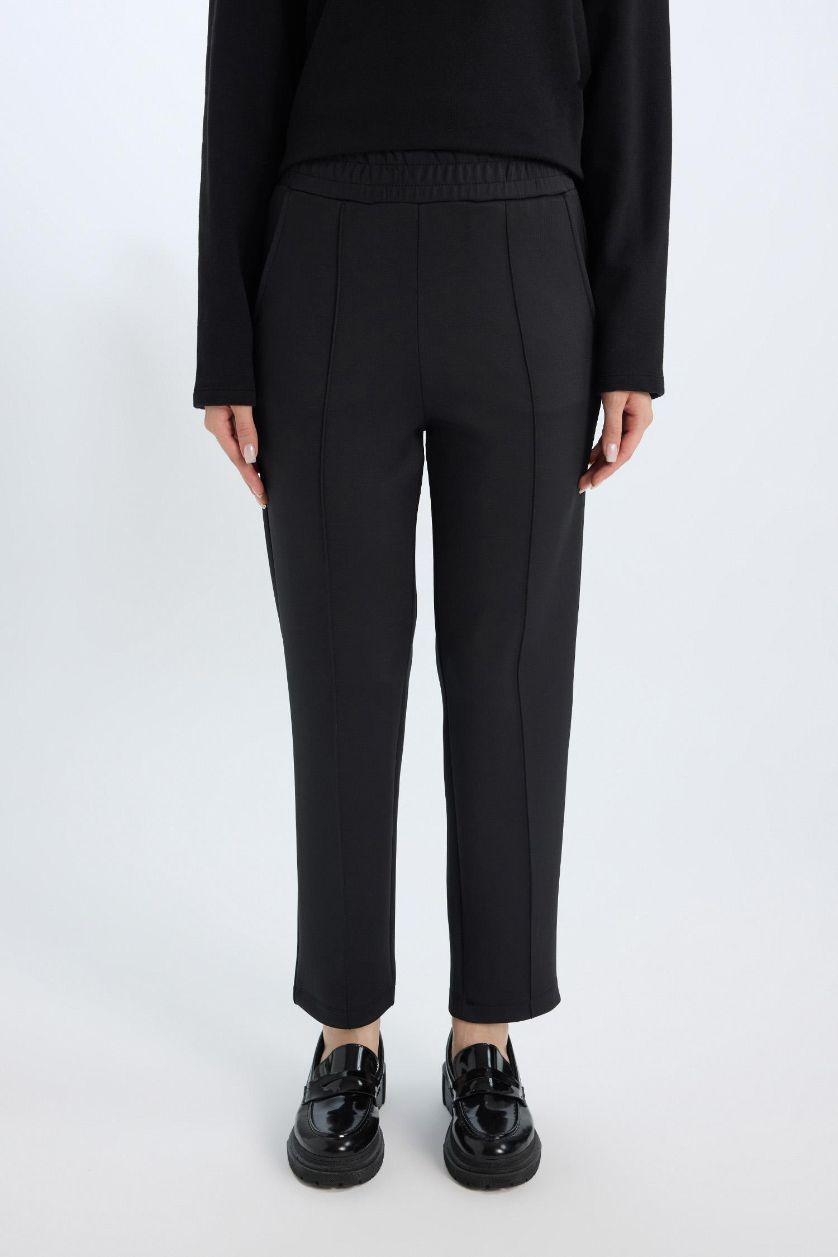 Kadın Siyah Regular Fit Cepli Pensli Skuba Dalgıç Kumaş Beli Lastikli Pantolon