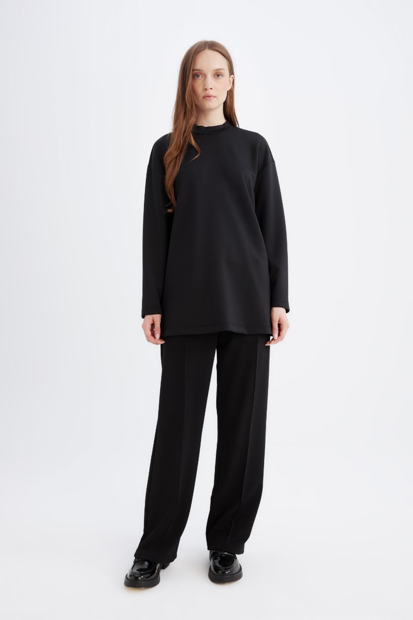 Kadın Siyah Relax Fit Skuba Dalgıç Kumaş Uzun Kollu Tunik