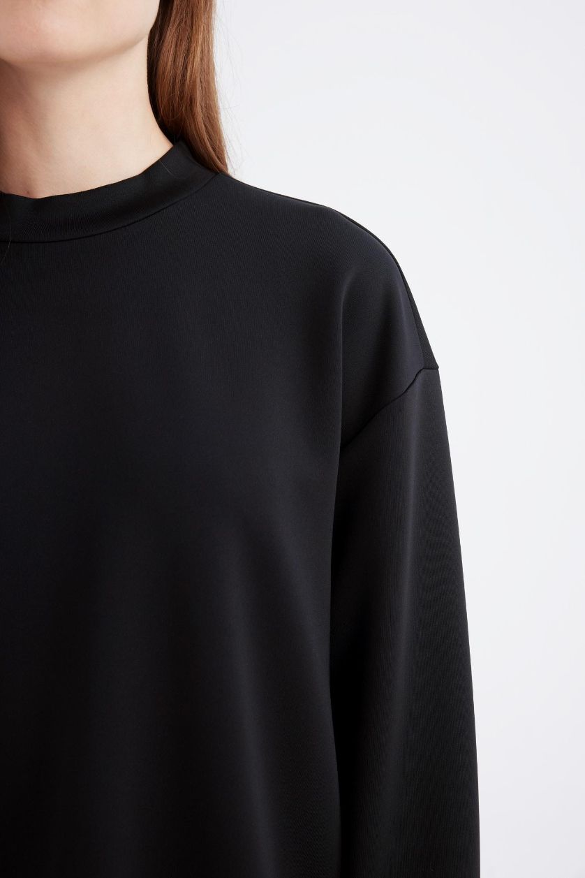 Kadın Siyah Relax Fit Skuba Dalgıç Kumaş Uzun Kollu Tunik