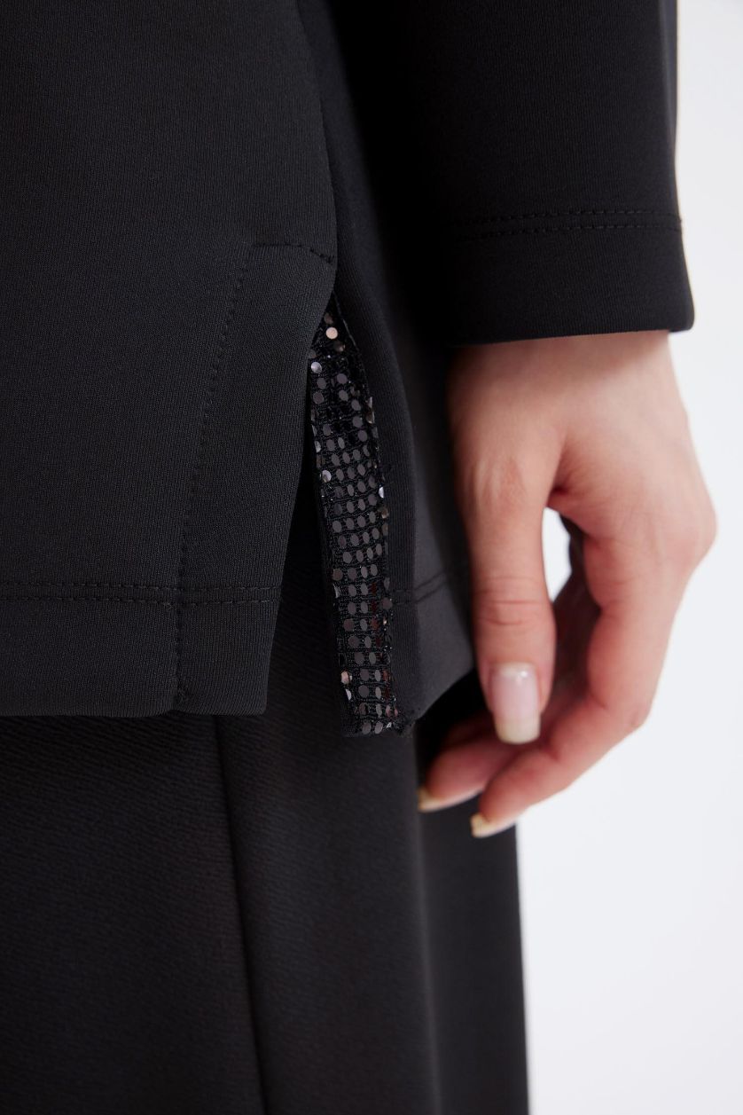 Kadın Siyah Relax Fit Skuba Dalgıç Kumaş Uzun Kollu Tunik