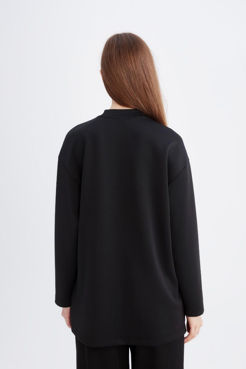 Kadın Siyah Relax Fit Skuba Dalgıç Kumaş Uzun Kollu Tunik