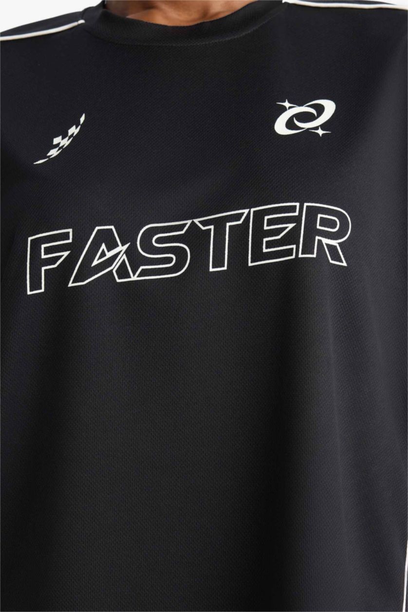 Kadın Siyah Oversize Geniş Kalıp Bisiklet Yaka Baskılı Sporcu Kısa Kollu Tişört