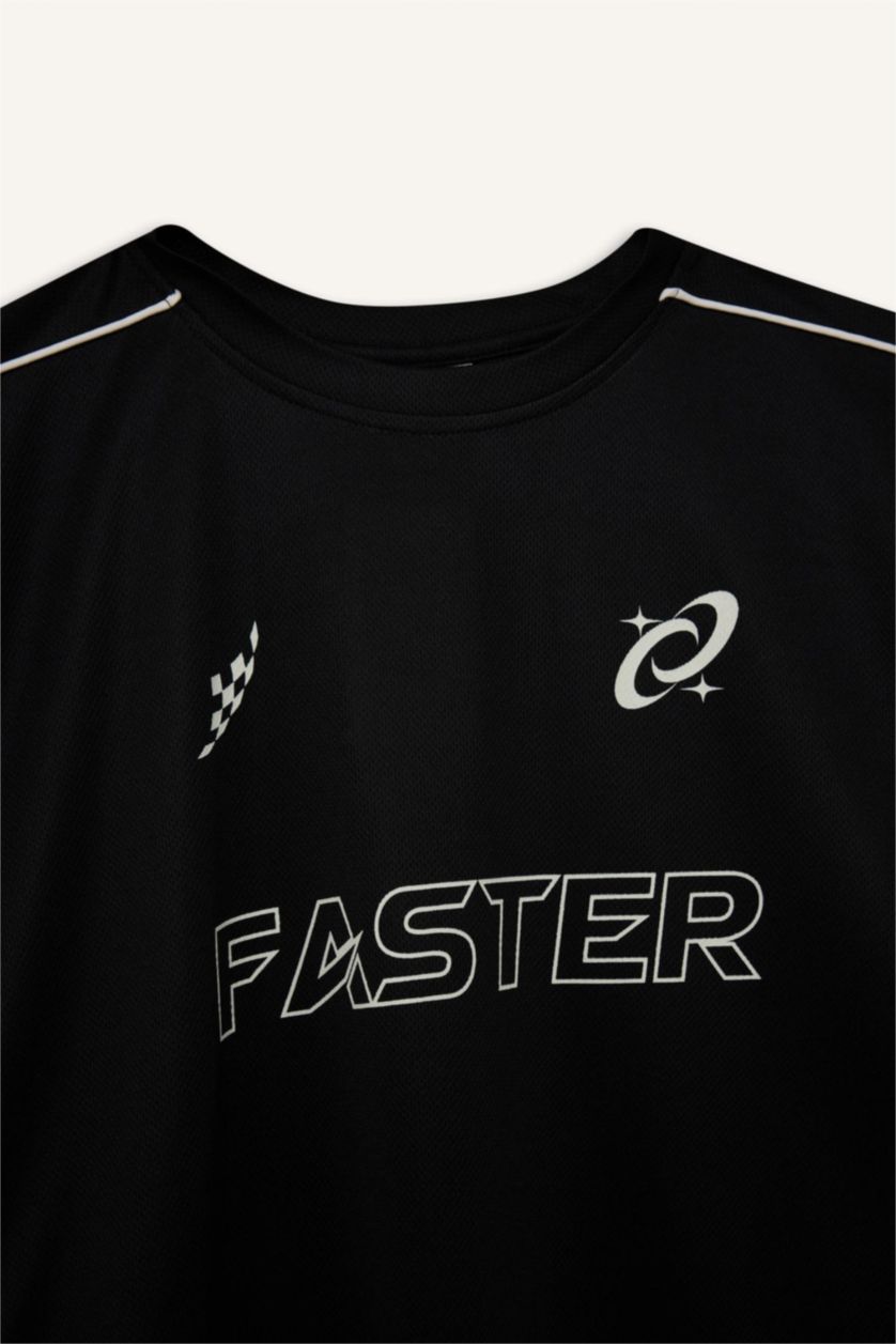 Kadın Siyah Oversize Geniş Kalıp Bisiklet Yaka Baskılı Sporcu Kısa Kollu Tişört